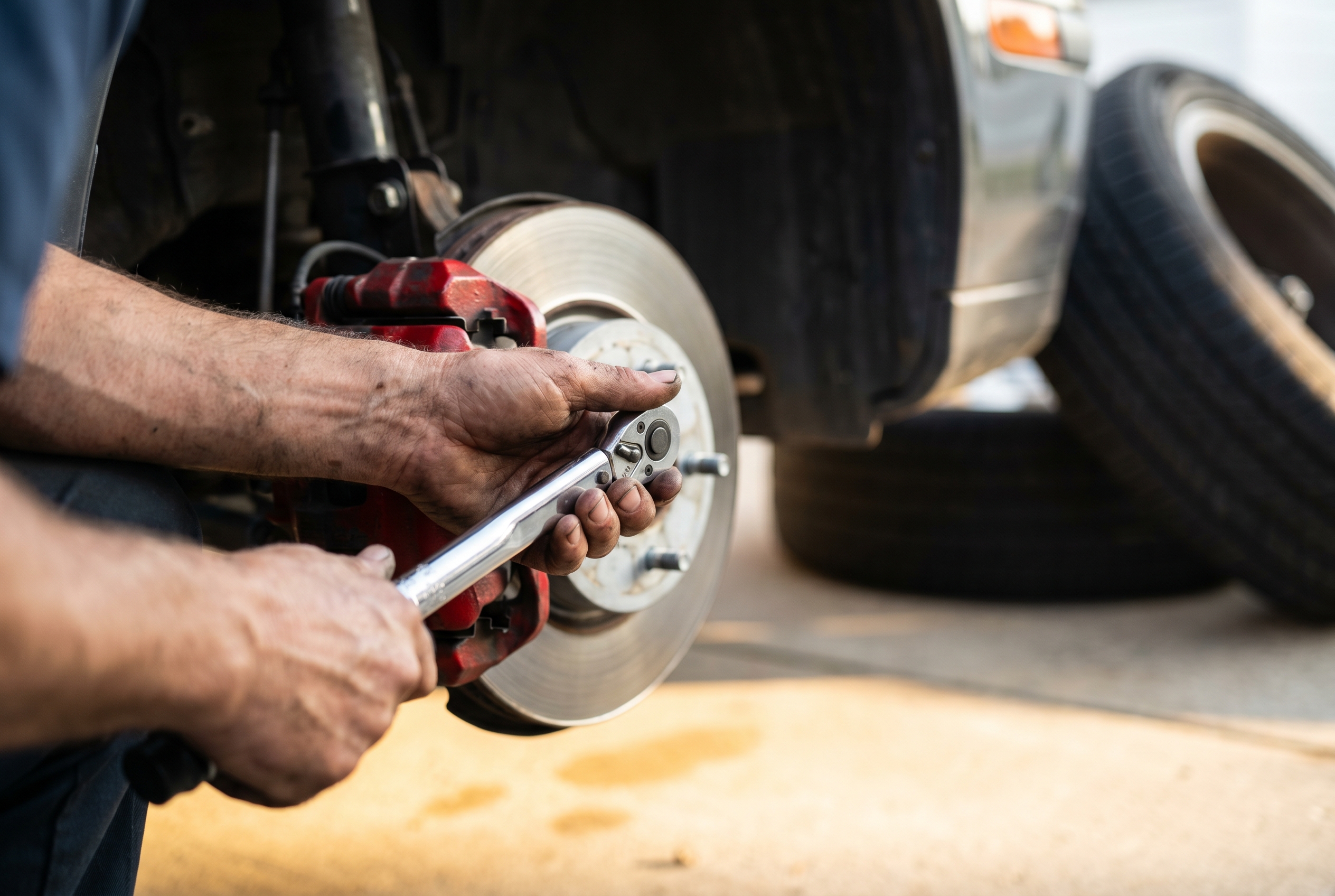 Hands torquing a brake caliper during mobile brake service