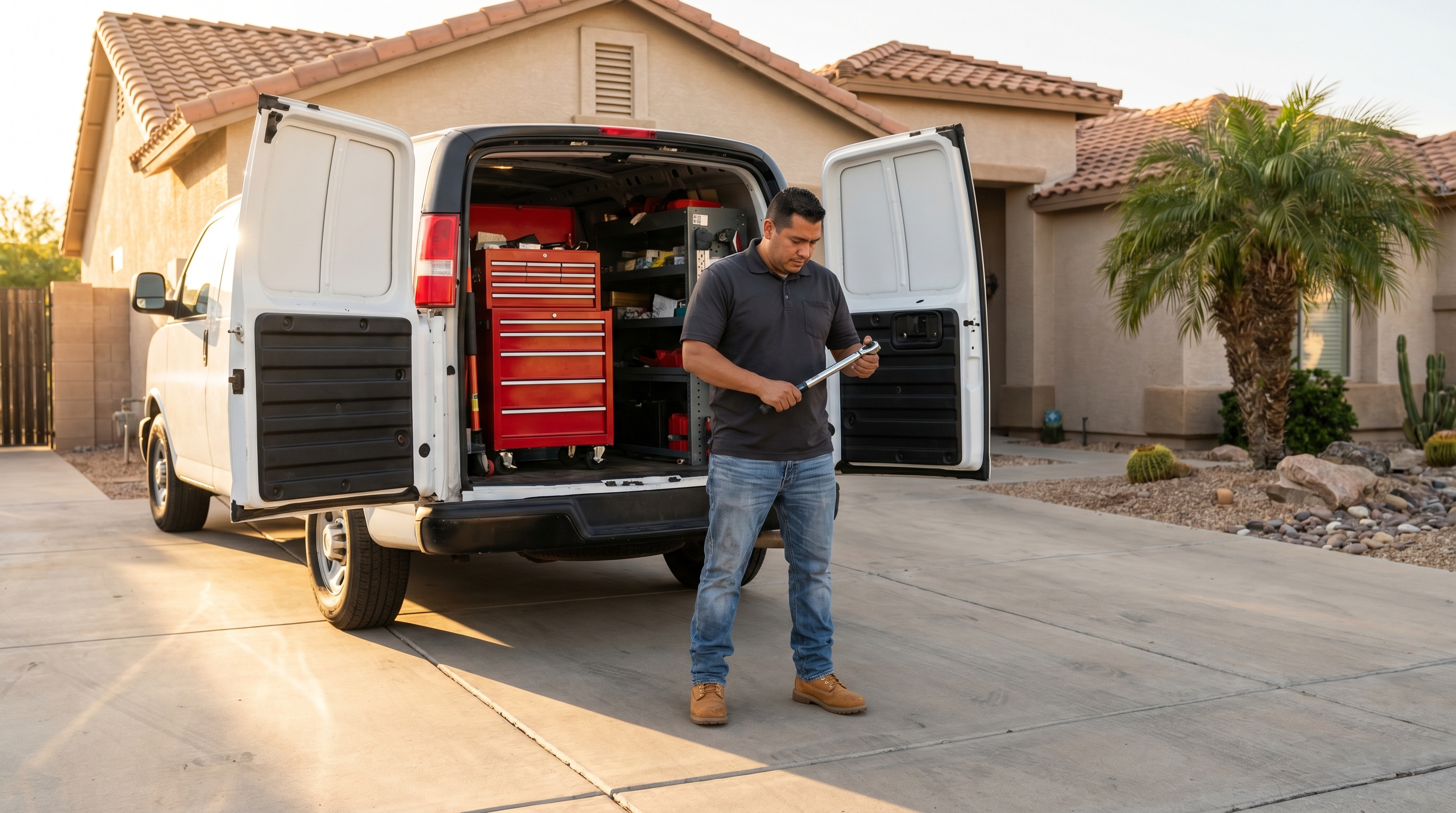 Mobile mechanic setup in a driveway with red toolboxes